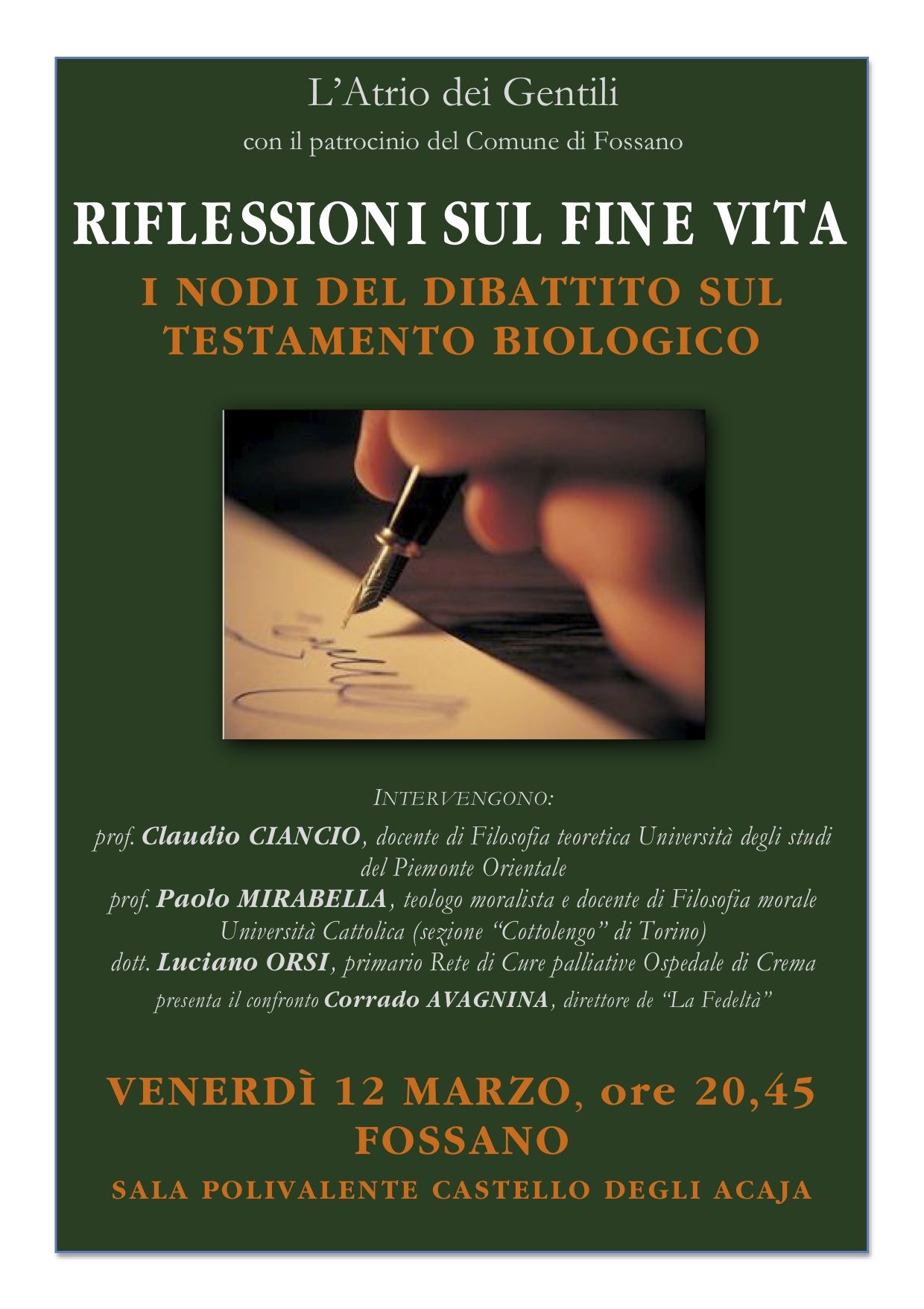 Il dibattito sul Testamento biologico: il 12 marzo (ore 20,45) tavola rotonda a Fossano